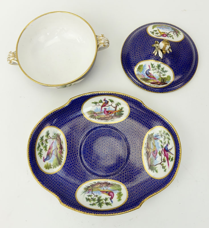 18th Century Sevres Porcelain Cobalt Blue and Gilt Ecueille and Cover with Underplate, circa 1770-1780)