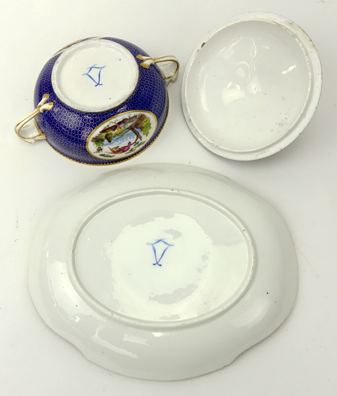 18th Century Sevres Porcelain Cobalt Blue and Gilt Ecueille and Cover with Underplate, circa 1770-1780)