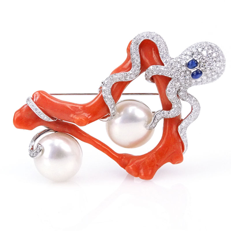 3.47 Carat Pave Set Round Brilliant Cut Diamond, Pearl, Coral, Sapphire and Platinum Octopus Brooch.