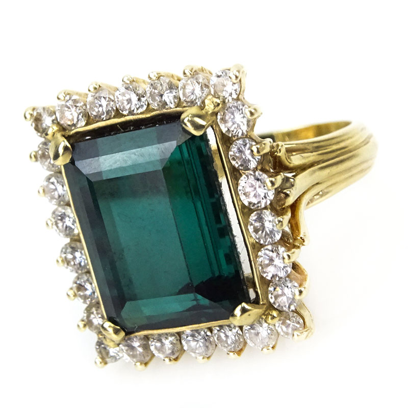 15.0 Carat Emerald Cut Tourmaline, 2.25 Carat Round Brilliant Cut Diamond and 18 Karat Yellow Gold Ring.