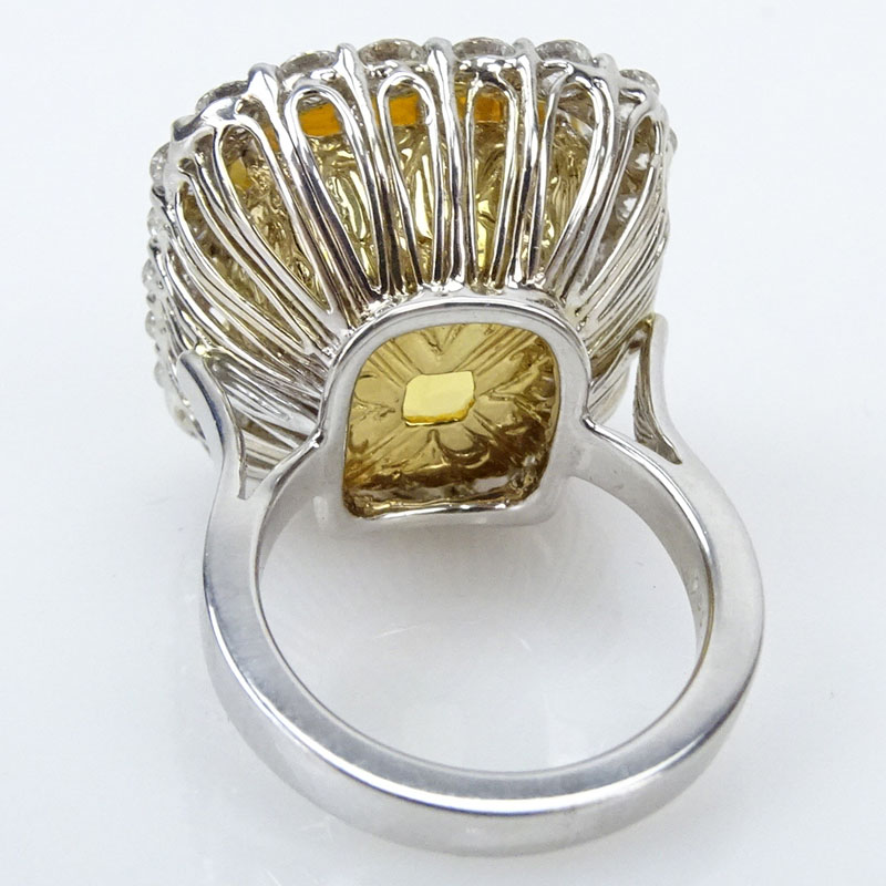 23.0 Carat Cushion Cut Citrine, 2.20 Carat Round Brilliant Cut Diamond and 18 Karat White Gold Ring. 