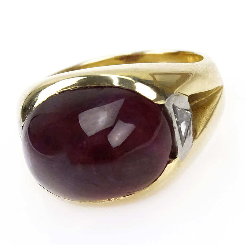 16.50 Carat Sugarloaf Cabochon Ruby, .30 Carat Diamond and 14 Karat Yellow Gold Ring. 