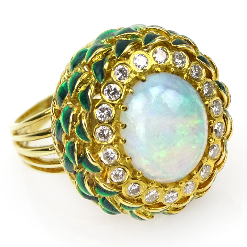 Cabochon Opal, Round Brilliant Cut Diamond, Enamel and 18 Karat Yellow Gold Ring