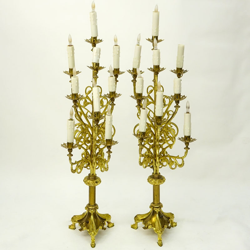 Pair of 20th Century Italian  Bronze 9 Arm Electrified Candelabra