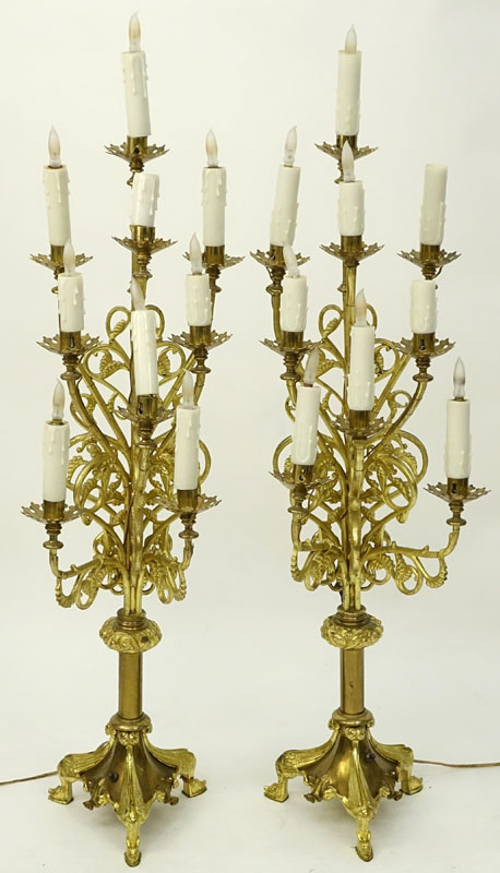 Pair of 20th Century Italian  Bronze 9 Arm Electrified Candelabra