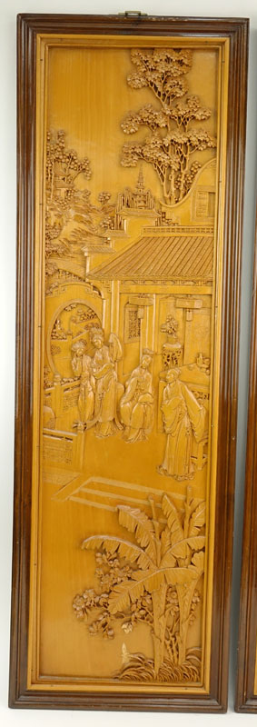 Pair of Mid 20th Century Chinese Carved Wood Relief Panels