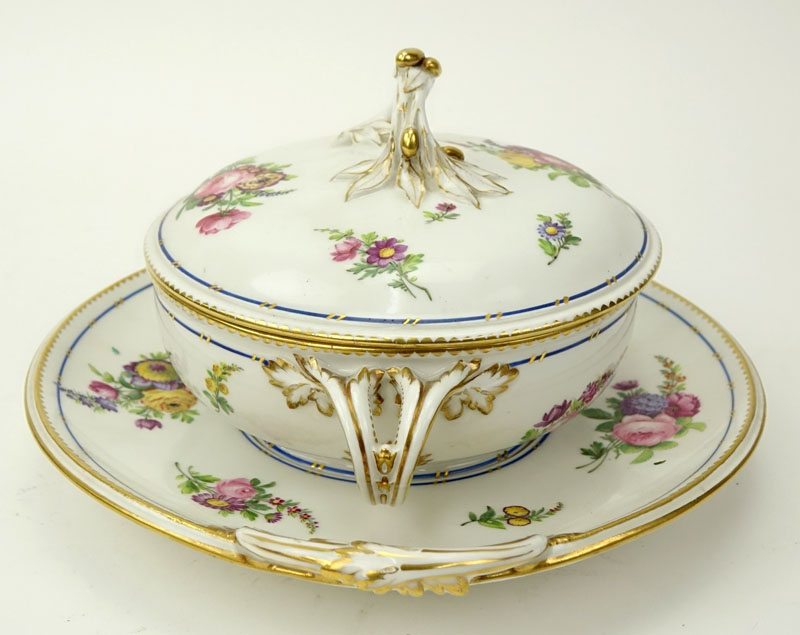 19th Century Sevres Porcelain Handled Ecueille and Cover with Underplate