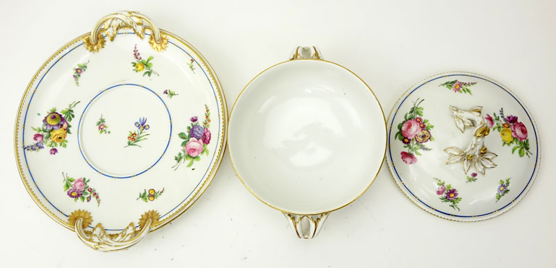 19th Century Sevres Porcelain Handled Ecueille and Cover with Underplate