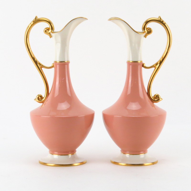 Pair of Lenox Gilt Salmon and Cream Porcelain Ewers