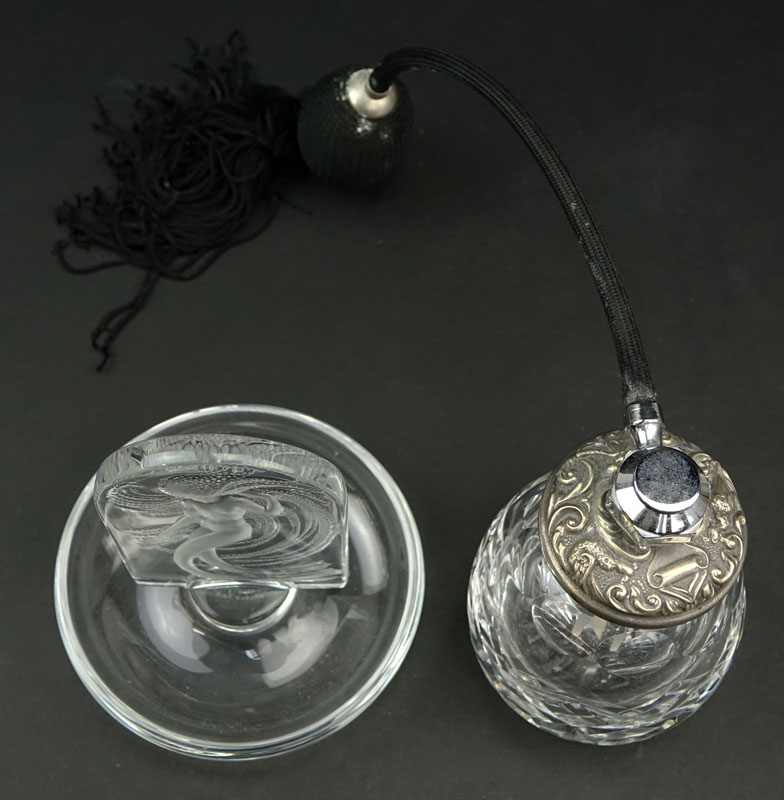 Lalique "Sirene" Crystal Ring Holder and Crystal Atomizer with Silver Top