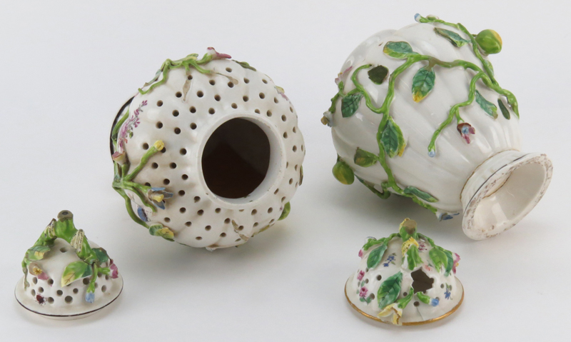 19th Century Chelsea Porcelain Applied Flower and Semi Pierced Covered Jars