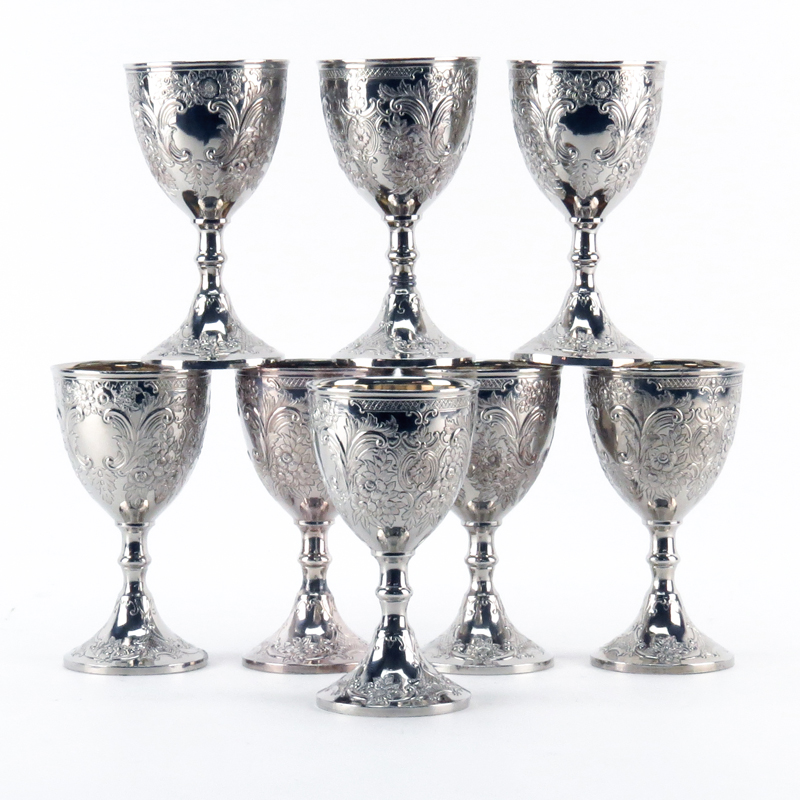 Set of Eight (8) Chased Silver Plate Goblets With Gilt Interior
