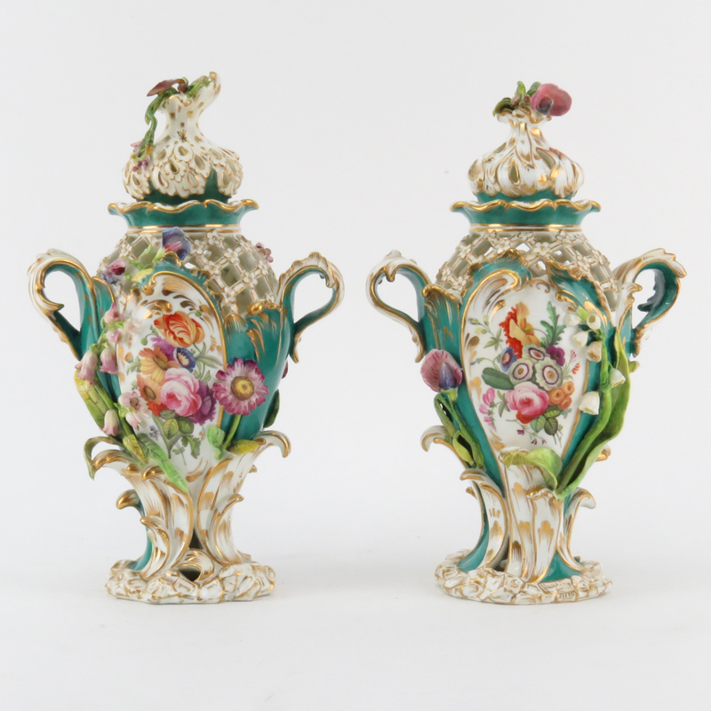 Pair of 18/19th Century English, Possibly Chelsea, Hand Painted Porcelain Reticulated Covered Urns