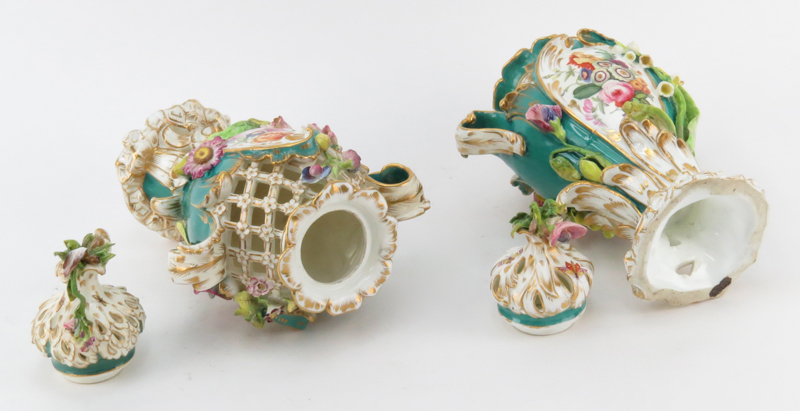 Pair of 18/19th Century English, Possibly Chelsea, Hand Painted Porcelain Reticulated Covered Urns