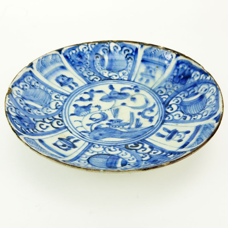 17th Century Persian Blue and White Glazed Ceramic Shallow Bowl