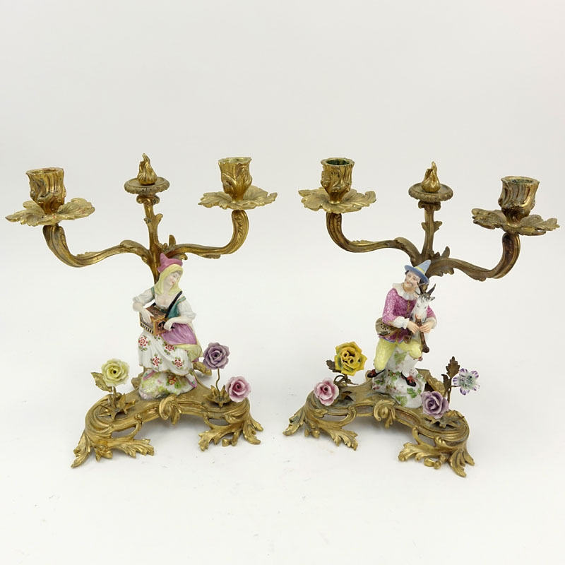 Pair 19/20th Century Gilt Bronze and Meissen Porcelain Candelabra