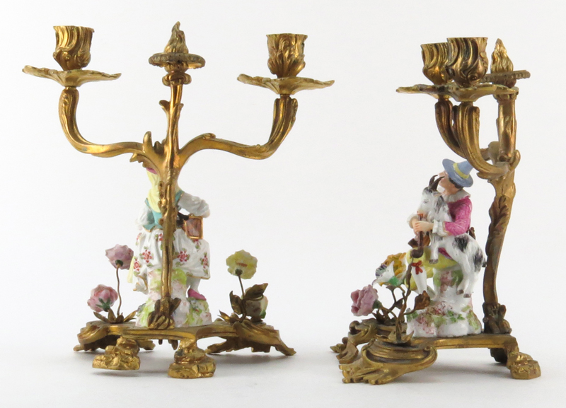 Pair 19/20th Century Gilt Bronze and Meissen Porcelain Candelabra