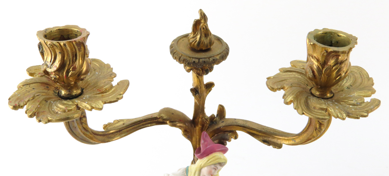 Pair 19/20th Century Gilt Bronze and Meissen Porcelain Candelabra