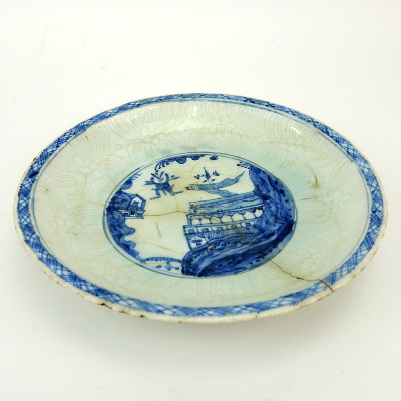 17th Century Persian Blue and White Glazed Ceramic Shallow Bowl