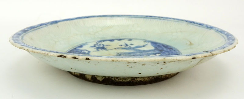 17th Century Persian Blue and White Glazed Ceramic Shallow Bowl