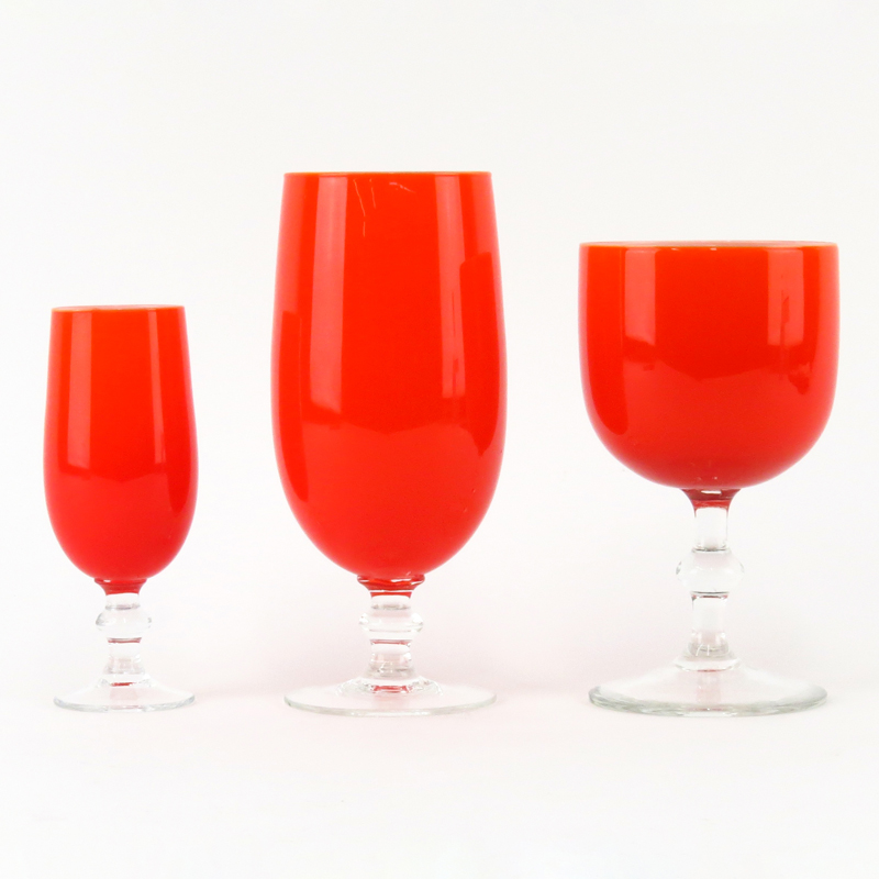 Grouping of Nineteen (19) Mid Century Murano Orange Cased Glass Stemware by Carlo Moretti