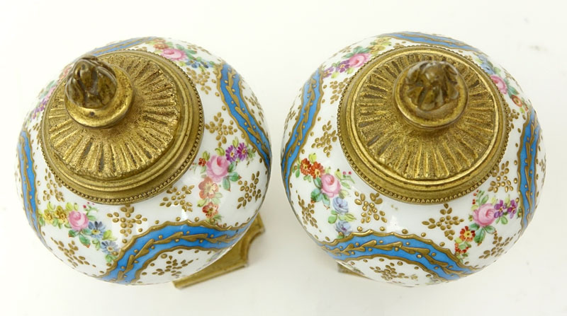 Pair 19th Century French Sevres Bronze Mounted Enamel Gilt Hand Painted Miniature Urns