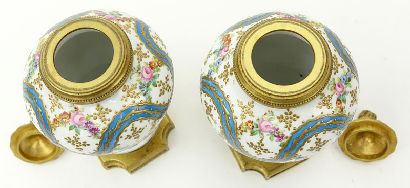 Pair 19th Century French Sevres Bronze Mounted Enamel Gilt Hand Painted Miniature Urns