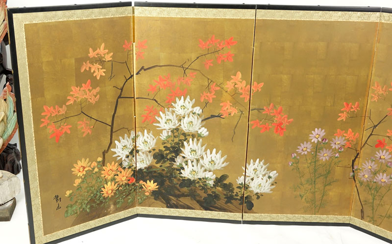 20th Century Japanese Four Panel Screen with Floral Decoration