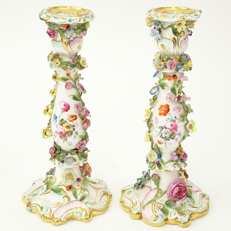 Pair of 19th Century Meissen Applied Flowers Gilt Hand Painted Porcelain Candlesticks