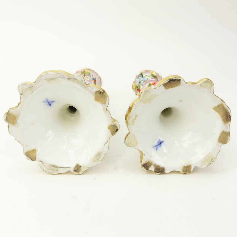 Pair of 19th Century Meissen Applied Flowers Gilt Hand Painted Porcelain Candlesticks