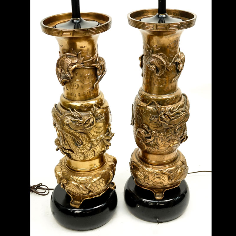 Pair of Late 19th Century Bronze Dragon and Cranes Relief Vases Mounted as Lamps