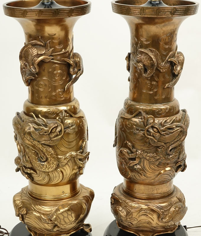 Pair of Late 19th Century Bronze Dragon and Cranes Relief Vases Mounted as Lamps