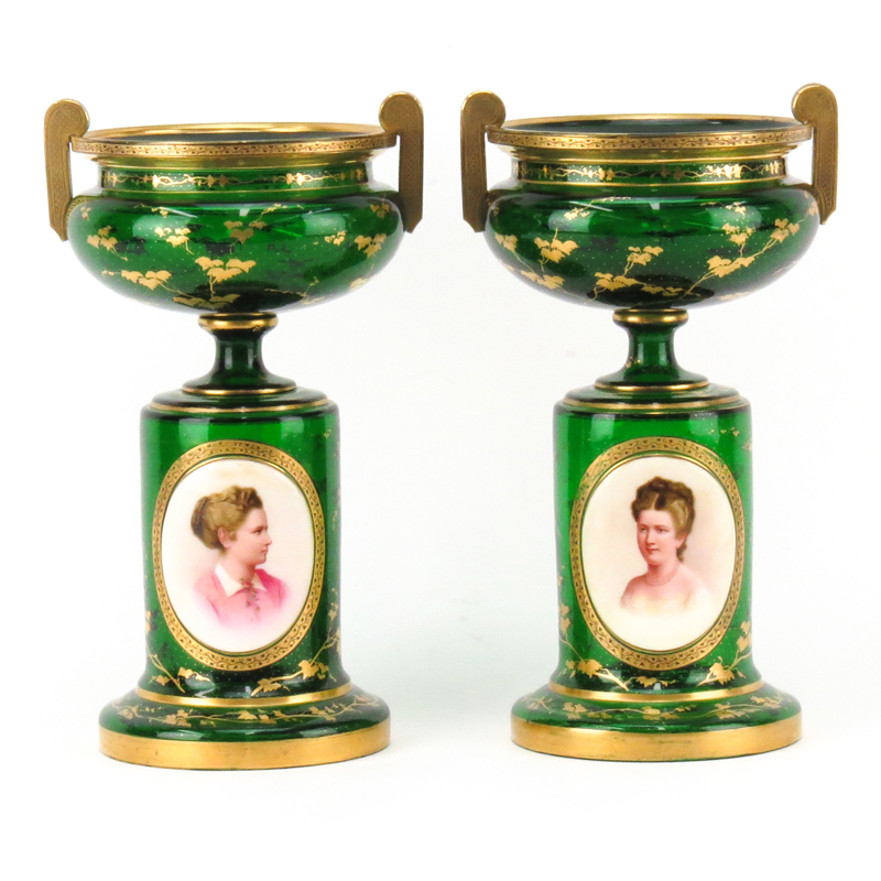 Pair of 19th Century Bohemian Emerald Green and Gilt Portrait Urns