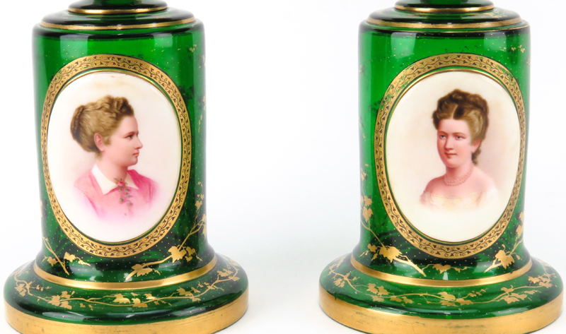 Pair of 19th Century Bohemian Emerald Green and Gilt Portrait Urns