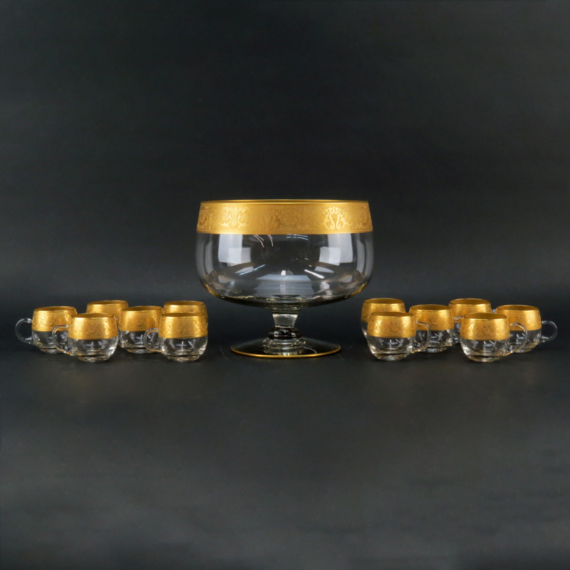 Vintage Mid Century Glass Punch Bowl Set With Gold Band Rim