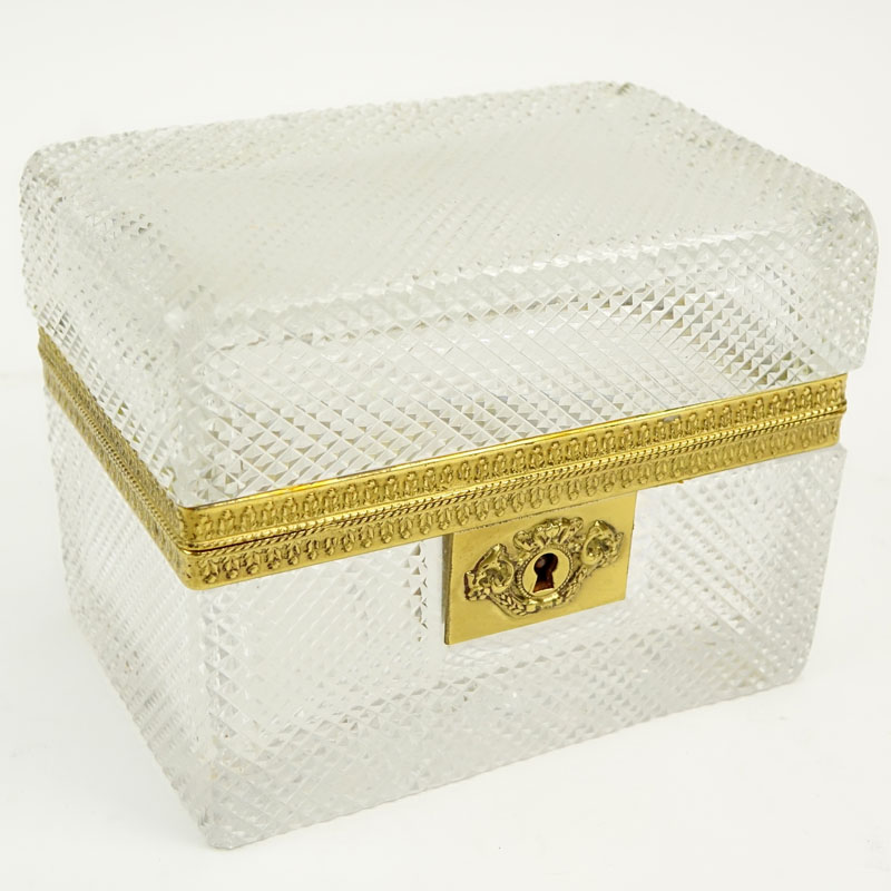 Vintage French Bronze Mounted Diamond Point Crystal Box, Probably Baccarat