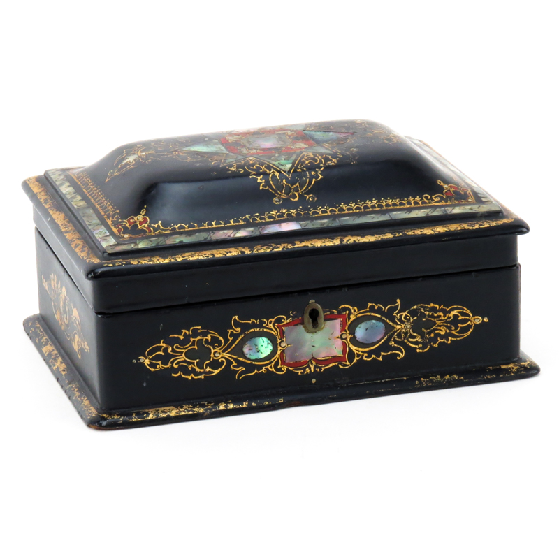 19th Century English Black Lacquered and Mother of Pearl Inlaid Stationary Box