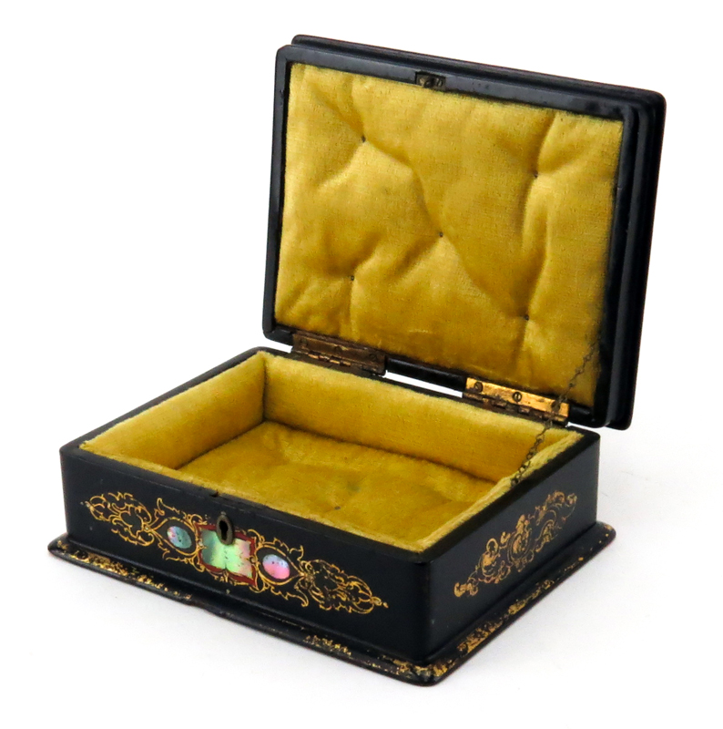 19th Century English Black Lacquered and Mother of Pearl Inlaid Stationary Box