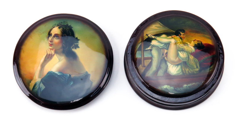 Russian Lacquer Three Part Round Snuff Box with Erotica Scene to Interior