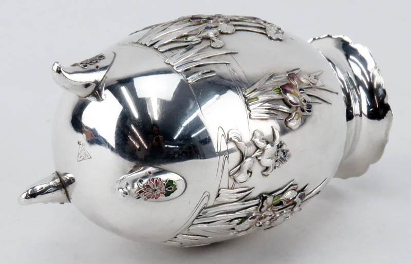 Japanese Meiji Sanju Saku Enameled Silver Footed Ovoid Vase.