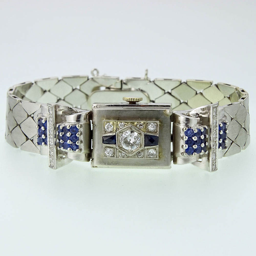 Lady's Circa 1940's Retro Approx. .75 Carat Diamond, 1.00 Carat Sapphire and 14 Karat White Gold Bracelet Watch.