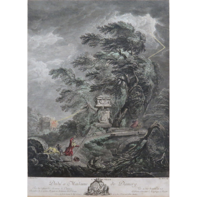 Angelique Rose Moitte, French 18th Century Hand Colored Engraving after: L Allemand, L'Orage