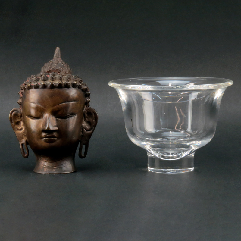 Grouping of Steuben Crystal Dish and Vintage Bronze Buddha Sculpture