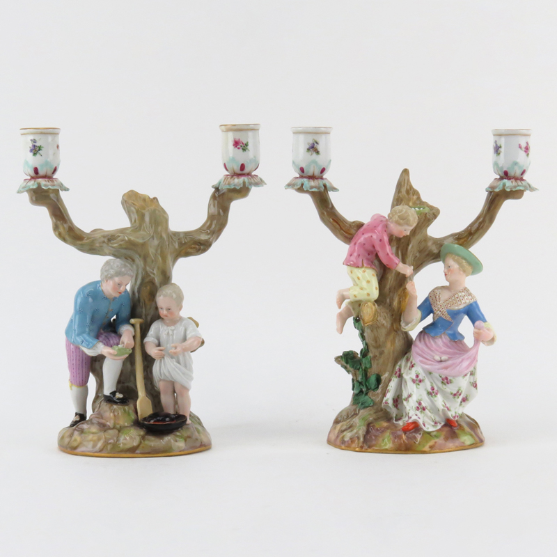 Pair of 19th Century Meissen Two Arm Porcelain Figural Candelabras