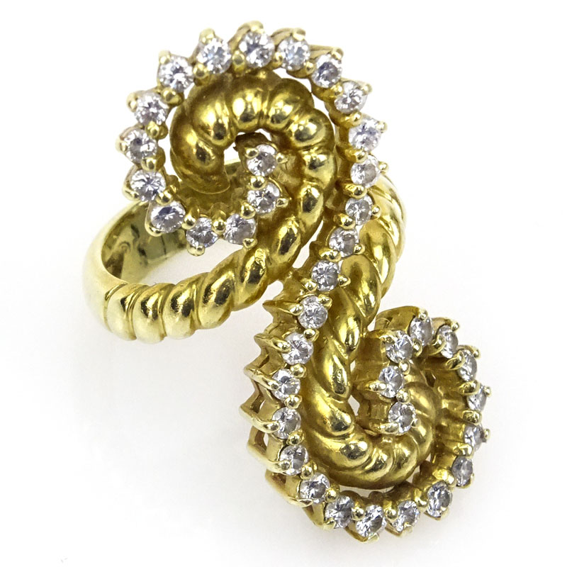 Retro 18 Karat Yellow Gold and Round Cut Diamond Spiral Ring