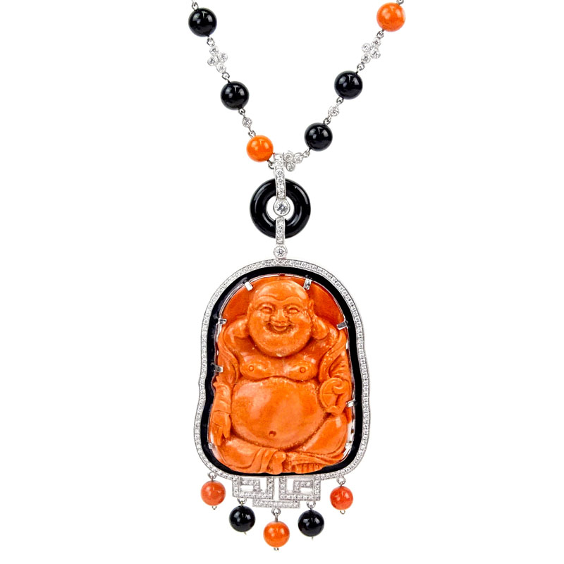 . 3.45 Carat Round Brilliant Cut Diamond, Carved Coral, Onyx and Platinum Hotei Pendant Necklace. 