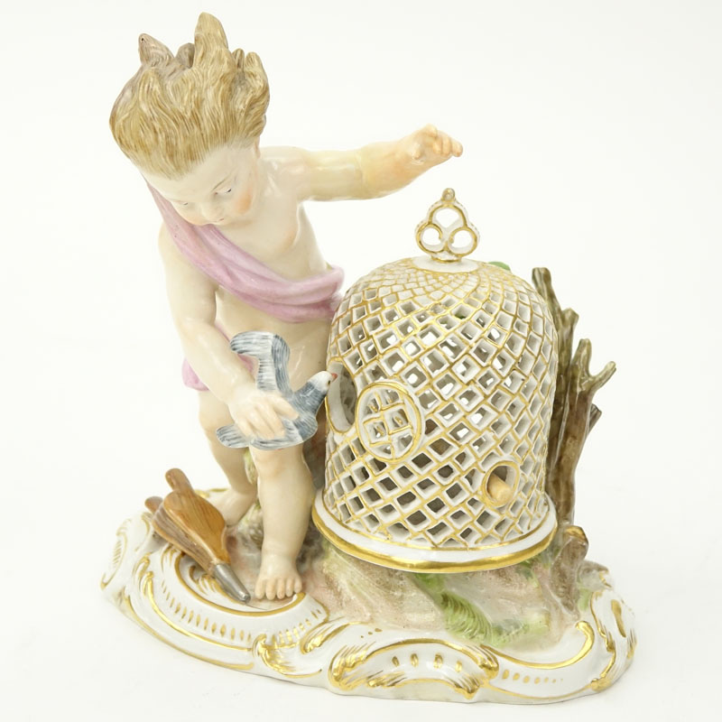 19th Century Meissen Porcelain Putti Catching Birds Figurine