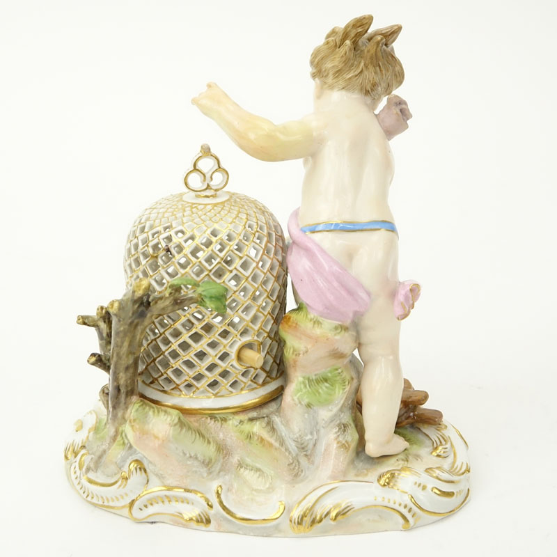 19th Century Meissen Porcelain Putti Catching Birds Figurine