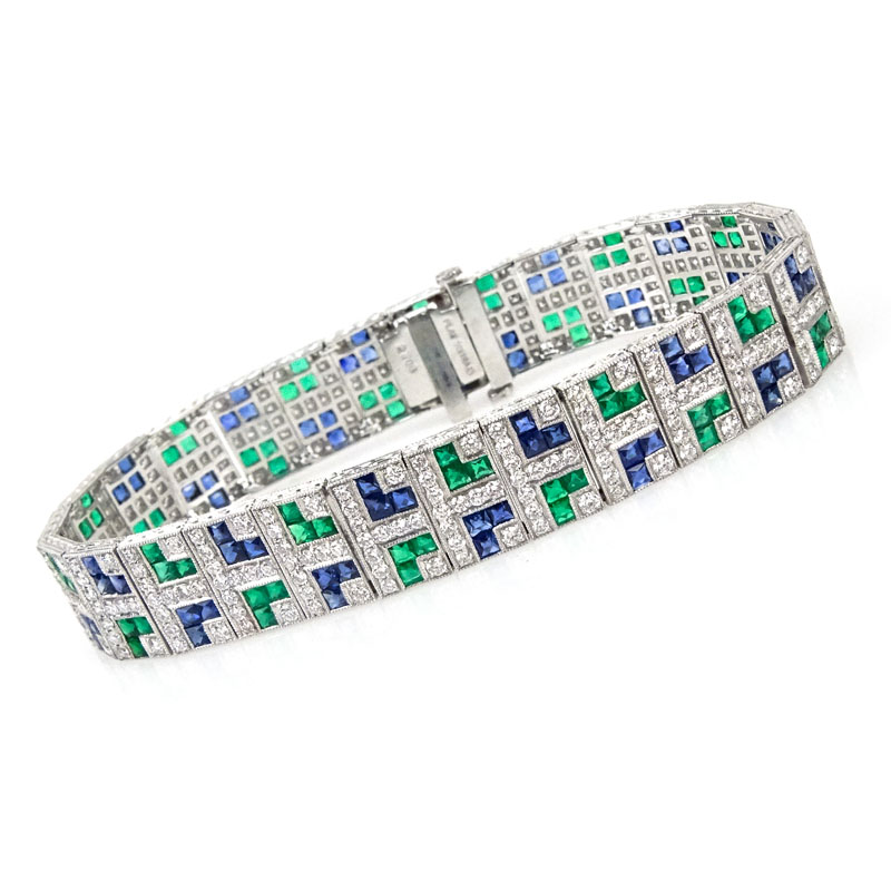 4.19 Carat Round Brilliant Cut Diamond,  4.30 Carat French Cut Sapphire, 3.25 Carat French Cut Emerald and Platinum Bracelet.