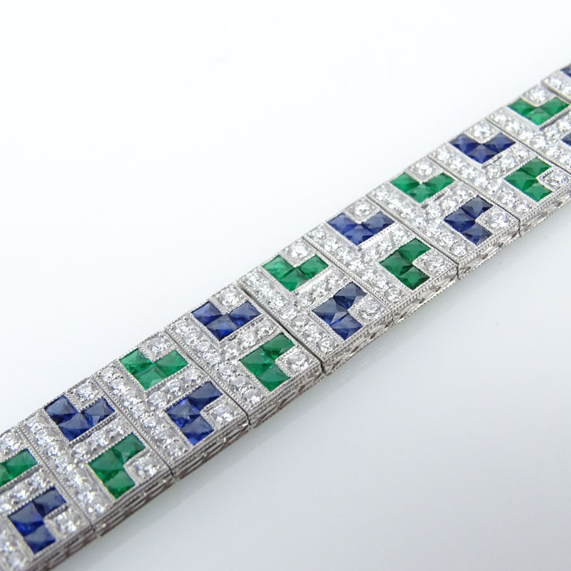 4.19 Carat Round Brilliant Cut Diamond,  4.30 Carat French Cut Sapphire, 3.25 Carat French Cut Emerald and Platinum Bracelet.